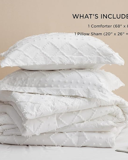 Bedsure Twin/Twin XL Comforter Set - White Boho Twin Extra Long Comforter Set for College, Shabby Chic Dorm Bedding Set, 2 Pieces Modern Farmhouse Bed Set, includes 1 Pillow Sham - LeafyLoom