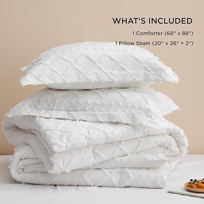 Bedsure Twin XL Comforter Set - White Twin Extra Long Comforter Set for College, Shabby Chic Dorm Bedding Set, 2 Pieces Boho Farmhouse Bed Set, includes 1 Pillow Sham - LeafyLoom