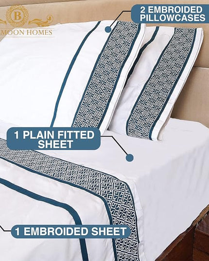 Bluemoon Homes 1000 Thread Count Sheets Queen - Egyptian Cotton Bed Sheets Queen Size Set, 100% Cotton Sheets Queen Deep Pocket, 4 Pc Solid Sheet Set, Teal Embroidered White Sheets - LeafyLoom