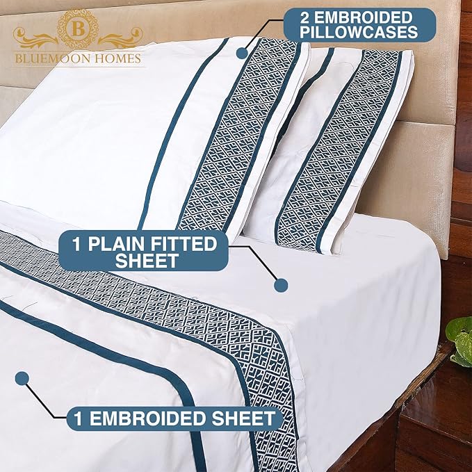 Bluemoon Homes 1000 Thread Count Sheets Queen - Egyptian Cotton Bed Sheets Queen Size Set, 100% Cotton Sheets Queen Deep Pocket, 4 Pc Solid Sheet Set, Teal Embroidered White Sheets - LeafyLoom