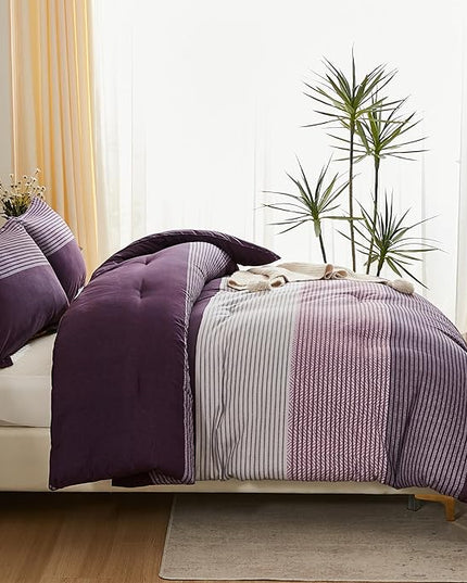 Litanika Purple Queen Comforter Set, 3 Pieces Striped Bedding Set, Lightweight Soft All Season Down Alternative Comforter Set (1 Gray&Purple Comforter, 2 Pillowcases) - LeafyLoom