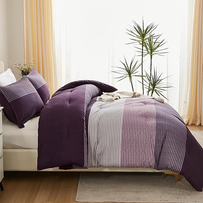 Litanika Purple Queen Comforter Set, 3 Pieces Striped Bedding Set, Lightweight Soft All Season Down Alternative Comforter Set (1 Gray&Purple Comforter, 2 Pillowcases) - LeafyLoom