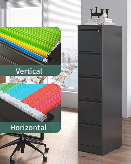 5 Drawer File Cabinet with Lock, Metal Vertical Filing Cabinets for Home Office, Steel Storage Cabinet for Hanging Legal/Letter Size Files, Assembly Required (Black) - LeafyLoom