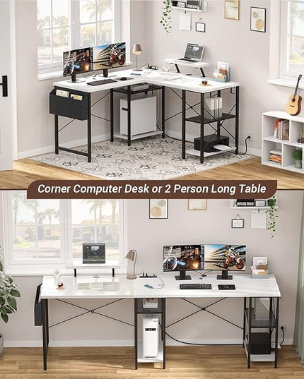 Aheaplus L Shaped Desk with Outlet and USB Charging Ports, L-Shaped Desk with Storage Shelves Reversible Corner Computer Desk 2 Person Long Table with Monitor Stand Gaming Home Office Desk, White - LeafyLoom
