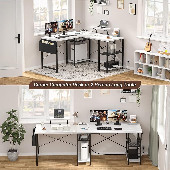 Aheaplus L Shaped Desk with Outlet and USB Charging Ports, L-Shaped Desk with Storage Shelves Reversible Corner Computer Desk 2 Person Long Table with Monitor Stand Gaming Home Office Desk, White - LeafyLoom