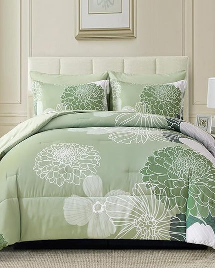 Yiran 7 Pieces Bed in a Bag Green Comforter Set Queen Floral Comforter Soft Microfiber Bedding Set with 1 Comforter 1 Flat Sheet 1 Fitted Sheet 2 Pillowshams and 2 Pillowcases - LeafyLoom
