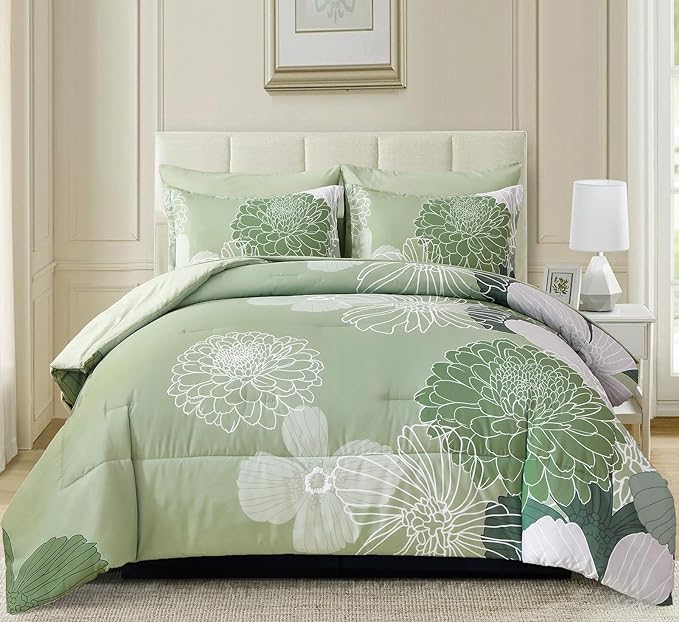 Yiran 7 Pieces Bed in a Bag Green Comforter Set Queen Floral Comforter Soft Microfiber Bedding Set with 1 Comforter 1 Flat Sheet 1 Fitted Sheet 2 Pillowshams and 2 Pillowcases - LeafyLoom