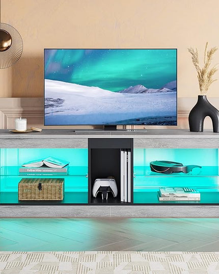 Bestier RGB TV Stand for 65+ Gaming Entertainment Center Gaming LED TV Media Console Table with 2 Glass Shelf PS Gaming TV Cabinet for Living Room,Retro Gray - LeafyLoom