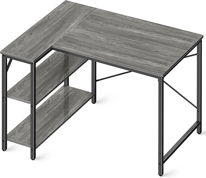 L Shaped Desk, 39 Inches Computer Desk with Reversible Storage Shelves, Gaming Desk, Corner Desk Home Office Desks, Writing Desk Study Desk with Metal Frame, Gray - LeafyLoom