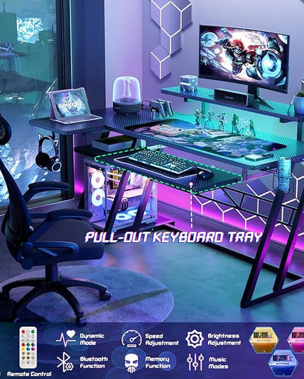 Gaming Desk with Shelves and Outlets, L Shaped Gaming Desk with LED Lights, Reversible L Shaped Computer Desk for Gamer, Carbon Fiber Black, 47" - LeafyLoom