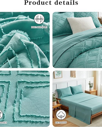 6 Pieces Tufted Bed in a Bag Twin Comforter Set with Sheets Green, Soft and Embroidery Shabby Chic Boho Bohemian Design, Luxury Solid Color with Diamond Pattern, Jacquard Tufts Bedding Set for Kids - LeafyLoom