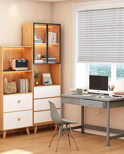 4NM 39.4" Small Desk with Wood Drawers, Home Office Computer Desk with Wooden Legs, Study Writing Table Vanity Desk for Small Spaces - Gray - LeafyLoom
