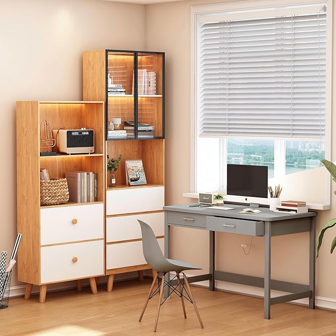 4NM 39.4" Small Desk with Wood Drawers, Home Office Computer Desk with Wooden Legs, Study Writing Table Vanity Desk for Small Spaces - Gray - LeafyLoom