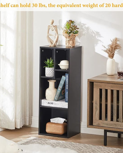 VECELO 3-Tier Small Bookcase, 4 Cube Bookshelf with Height Difference Shelves for Most Books, Modern Floor Standing Unit, Each Shelf Hold Up to 66 LBS for Living Room Bedroom, Vintage Black - LeafyLoom