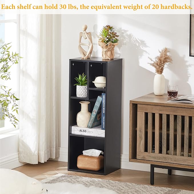VECELO 3-Tier Small Bookcase, 4 Cube Bookshelf with Height Difference Shelves for Most Books, Modern Floor Standing Unit, Each Shelf Hold Up to 66 LBS for Living Room Bedroom, Vintage Black - LeafyLoom