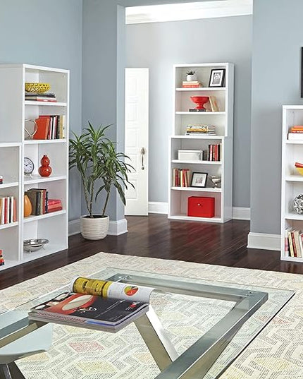 ClosetMaid Bookshelf with 5 Shelf Tiers, Adjustable Shelves, Tall Bookcase Sturdy Wood with Closed Back Panel, White Finish - LeafyLoom