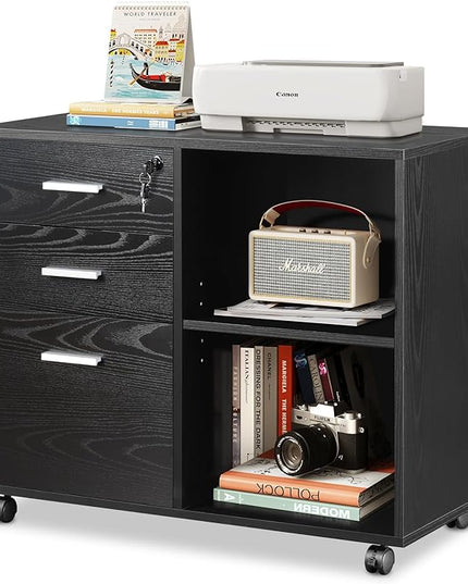 DEVAISE 3-Drawer Wood File Cabinet with Lock, Mobile Lateral Filing Cabinet, Black - LeafyLoom