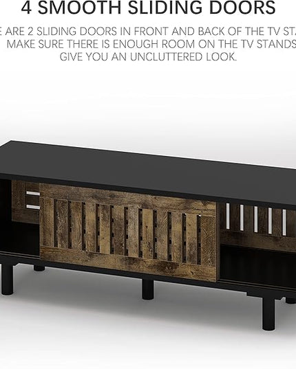 Mid-Century Modern TV Stand, Glossy Black TV Console with Sliding Doors, TV Console with Large Storage, Entertainment Center with Sturdy Solid Wood Legs, Living Room&Bedroom, Brown&Black - LeafyLoom