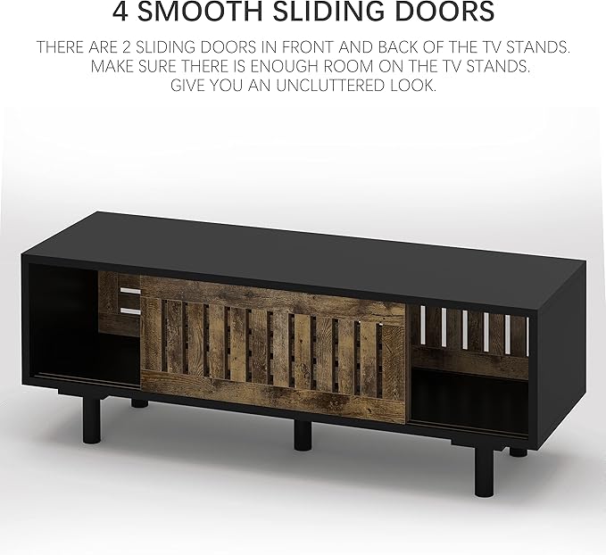 Mid-Century Modern TV Stand, Glossy Black TV Console with Sliding Doors, TV Console with Large Storage, Entertainment Center with Sturdy Solid Wood Legs, Living Room&Bedroom, Brown&Black - LeafyLoom