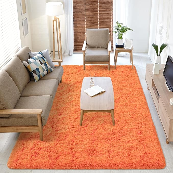 Softlife Area Rug for Bedroom, 4x6 Feet Plush Fluffy Rug for Living Room, Orange Shag Rug for Aesthetic Room Decor, Ultra Soft Modern Fuzzy Faux Fur Carpet for Kids Nursery Room Dorm - LeafyLoom