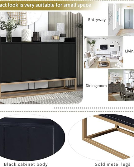 Sideboard Buffet Cabinet with Large Storage Space,Modern Particle Board Kitchen Console Table,W/ 4 Doors and Gold Metal Legs,Dining Room,Entryway,Black, 47.2" - LeafyLoom