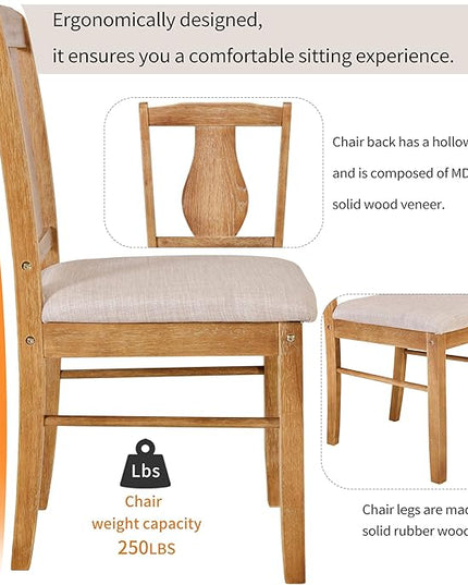 Minimalist Style, Wooden Rectangular 4 Upholstered Chairs and 1, Easy to Assembly, Room, Kitchen, Natural Wood, 5 Piece Dining Table Set - LeafyLoom
