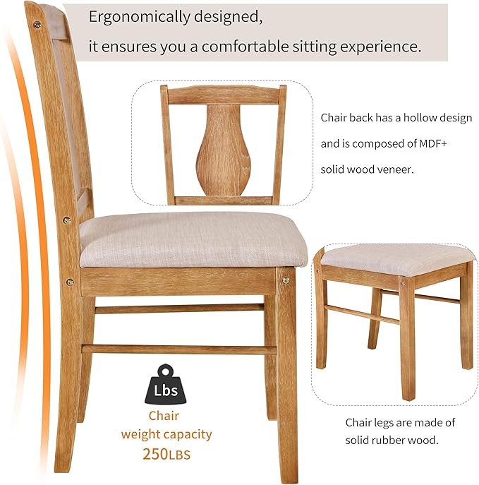 Minimalist Style, Wooden Rectangular 4 Upholstered Chairs and 1, Easy to Assembly, Room, Kitchen, Natural Wood, 5 Piece Dining Table Set - LeafyLoom