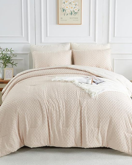 Twin Size Tufted Kids Comforter Set 6 Piece Beige Jacquard Tufts Embroidery Bedding Set for Boys Girls Bed in A Bag Quilt with 1 Comforter, 1 Flat Sheet, 1 Fitted Sheet, 1 Pillowcase and 2 Pillow Sham - LeafyLoom