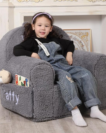 Personalized Kids Chair, High Back Toddler Sherpa Chair, Customize with Name, Grey - LeafyLoom