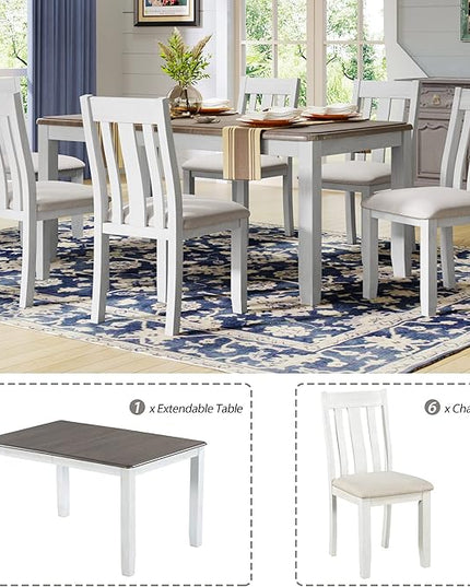 Dining Table Set for 6, 7-Piece Dining Table Set with Extendable Table and 6 Upholstered Chairs, Kitchen Table Set with Backrest for Dining Room, Living Room, Brown+White - LeafyLoom