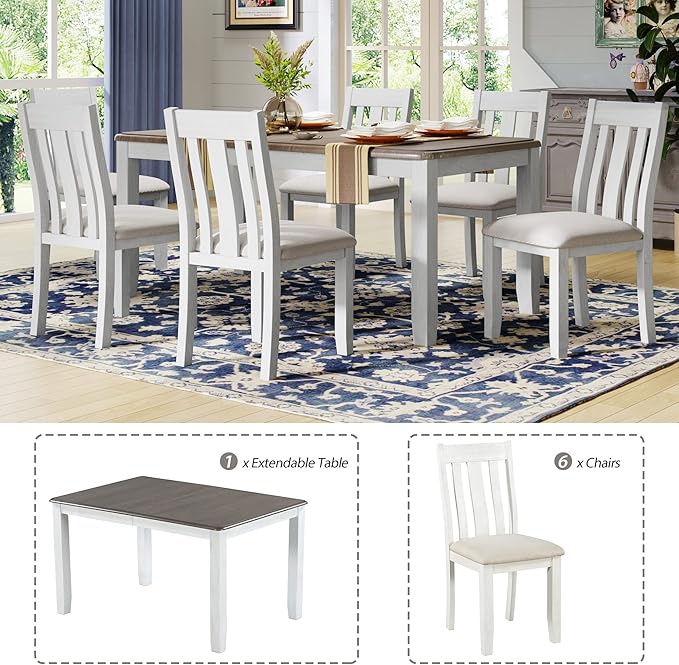 Kitchen Retro Style 7-Piece Dining Set with Extendable Table and 6 Upholstered Chairs, Brown+White - LeafyLoom