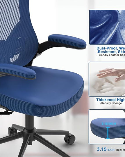 𝑯𝑶𝑴𝑬 𝑶𝑭𝑭𝑰𝑪𝑬 𝑪𝑯𝑨𝑰𝑹, Ergonomic Mesh Desk Chair, High Back Computer Chair- Adjustable Headrest with Flip-Up Arms, Lumbar Support, Swivel Executive Task Chair (Portimao Blue, Modern) - LeafyLoom