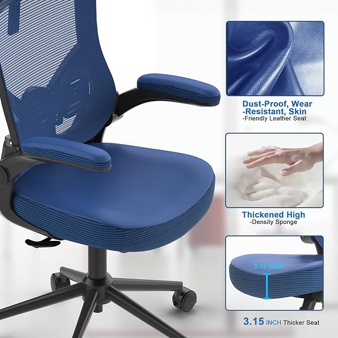 𝑯𝑶𝑴𝑬 𝑶𝑭𝑭𝑰𝑪𝑬 𝑪𝑯𝑨𝑰𝑹, Ergonomic Mesh Desk Chair, High Back Computer Chair- Adjustable Headrest with Flip-Up Arms, Lumbar Support, Swivel Executive Task Chair (Portimao Blue, Modern) - LeafyLoom