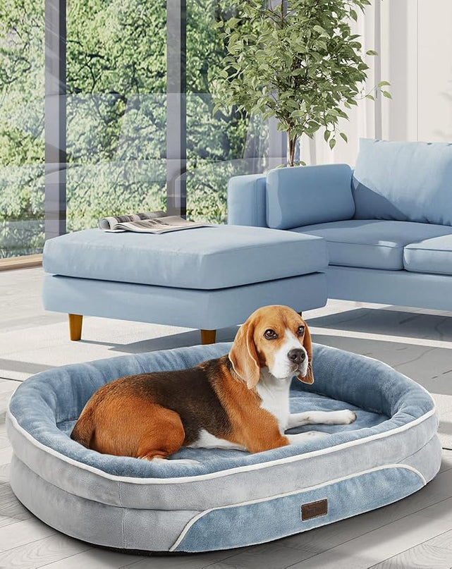 OhGeni Orthopedic Dog Bed Couch for Large Sized Pets with Egg Foam Support, Four-Sided Bolster Cushions, Soft Tear-Resistant Fabric, and Removable Machine Washable Plush Cover 35-Inch (Washed Blue) OhGeni