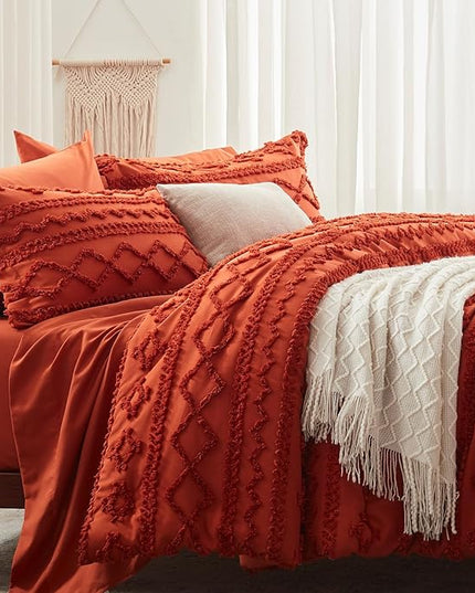 Anluoer Full Comforter Set 7 Pieces, Burnt Orange Tufted Bed in a Bag with comforters and sheets, All Season Bedding Sets with 1 Comforter, 2 PillowShams, 2 Pillowcases, 1 Flat Sheet, 1 Fitted Sheet - LeafyLoom