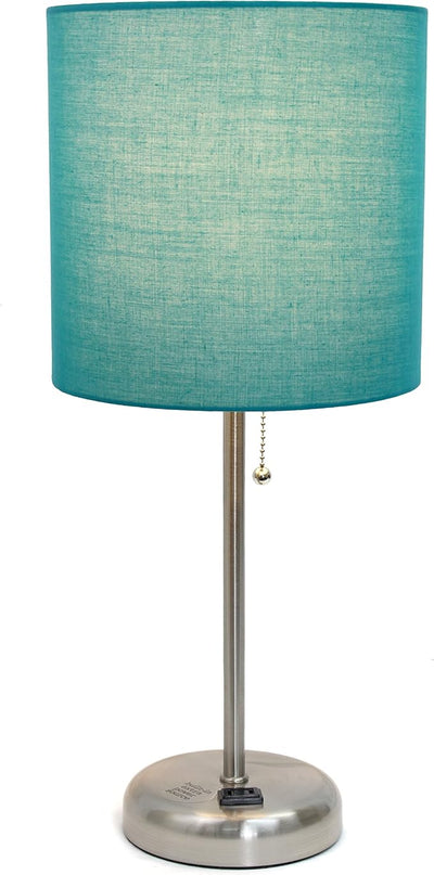 Simple Designs LT1144-TEL Sleek and Slender Brushed Steel Table Lamp with Charging Outlet, for Bedroom, Living Room, Entryway, Office, Dining Room, Study, Teal Shade - LeafyLoom