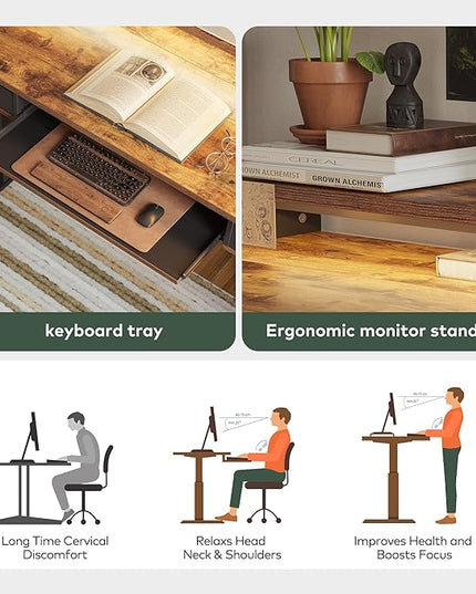FEZIBO 48 x 24 Inch Height Adjustable Electric Standing Desk with Double Drawers&Keyboard Tray, Stand Up Desk with LED Strips, Sit Stand Desk with Monitor Stand, Rustic Brown - LeafyLoom