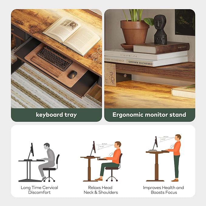 FEZIBO 48 x 24 Inch Height Adjustable Electric Standing Desk with Double Drawers&Keyboard Tray, Stand Up Desk with LED Strips, Sit Stand Desk with Monitor Stand, Rustic Brown - LeafyLoom