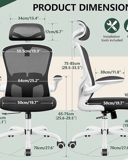 FelixKing Office Chair with Headrest, Home Office Desk Chairs with Flip-Up Armrests, Adjustable Height Ergonomic Office Chair Lumbar Support, Mesh Backrest Computer Chair (White) - LeafyLoom