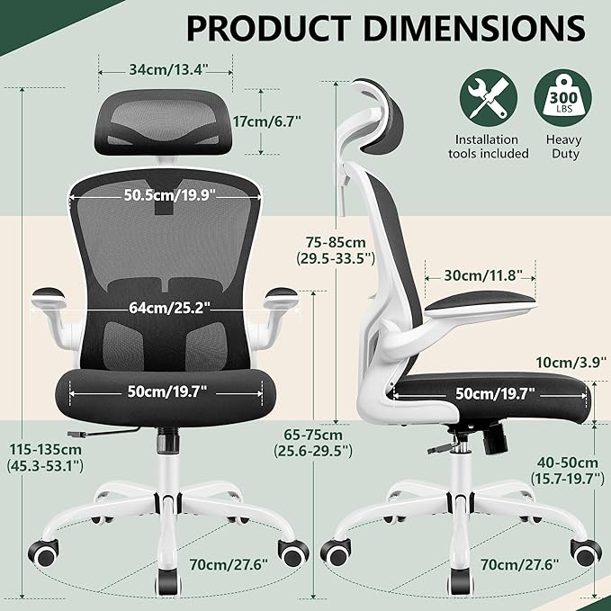 FelixKing Office Chair with Headrest, Home Office Desk Chairs with Flip-Up Armrests, Adjustable Height Ergonomic Office Chair Lumbar Support, Mesh Backrest Computer Chair (White) - LeafyLoom
