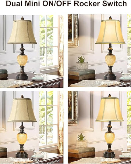 27'' High Vintage Table Lamp Set of 2 for Living Room Farmhouse Bedside Lamp with Fabric Shades Boho Nightstand Lamp with USB and Nightlight for Bedroom Home Office Hotel Bar (Led Bulb Included) - LeafyLoom
