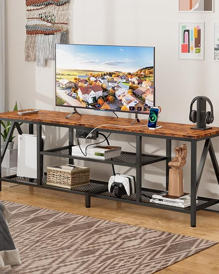 Furologee TV Stand with Power Outlets for 65 70 inch TV, Entertainment Center with Open Storage Shelves, Long 63'' TV Media Console Table with Soundbar Shelf for Living Room, Bedroom, Rustic Brown - LeafyLoom