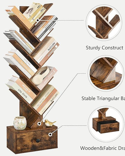 9 Tier Tree Bookshelf, Tree Bookcase with Drawer, Floor Standing Tall Wood Book Shelves Organizer for Living Room, Bedroom, Home Office, Rustic Brown - LeafyLoom
