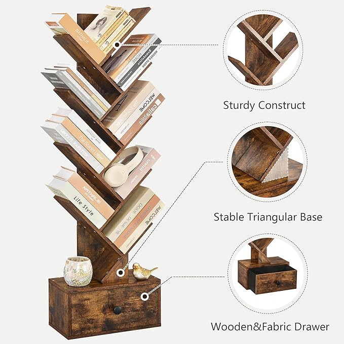 9 Tier Tree Bookshelf, Tree Bookcase with Drawer, Floor Standing Tall Wood Book Shelves Organizer for Living Room, Bedroom, Home Office, Rustic Brown - LeafyLoom