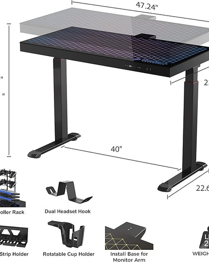 EUREKA ERGONOMIC RGB Glass Gaming Desk, Music Studio Desk, 47 Inch Adjustable Height Computer Desk Music Sensing LED Sit Stand Desk for Home Office Gamer w Dual Motors,USB Ports, APP Control - LeafyLoom