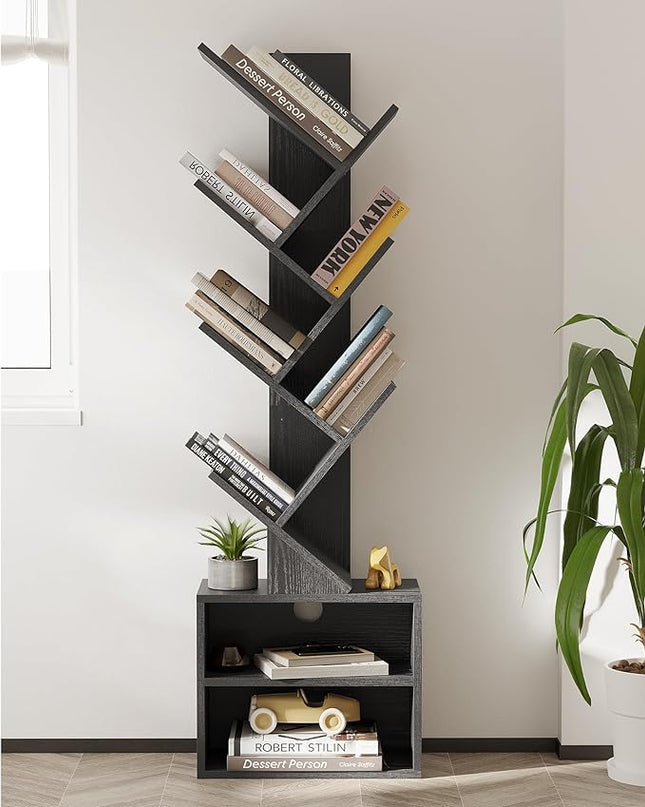 SUNMORY 6 Tier Tree Bookshelf, Small Bookcase with Storage Cabinet, Modern Narrow Bookshelves Organizer, Floor Standing Book Shelf for Bedroom/Living Room/Home Office/Corner, Black - LeafyLoom