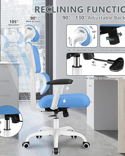 Office Chair Ergonomic Desk Chair, High Back Gaming Chair, Big and Tall Reclining chair Comfy Home Office Desk Chair Lumbar Support Breathable Mesh Computer Chair Adjustable Armrests(Sky Blue) - LeafyLoom