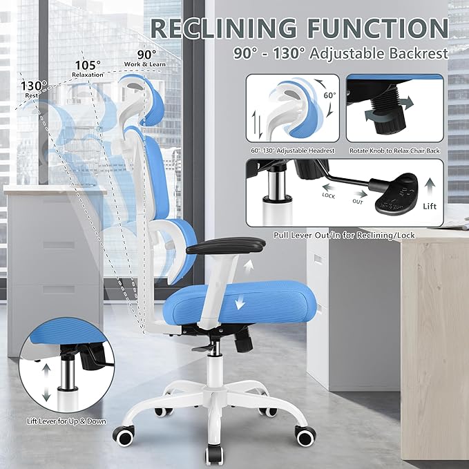 Office Chair Ergonomic Desk Chair, High Back Gaming Chair, Big and Tall Reclining chair Comfy Home Office Desk Chair Lumbar Support Breathable Mesh Computer Chair Adjustable Armrests(Sky Blue) - LeafyLoom