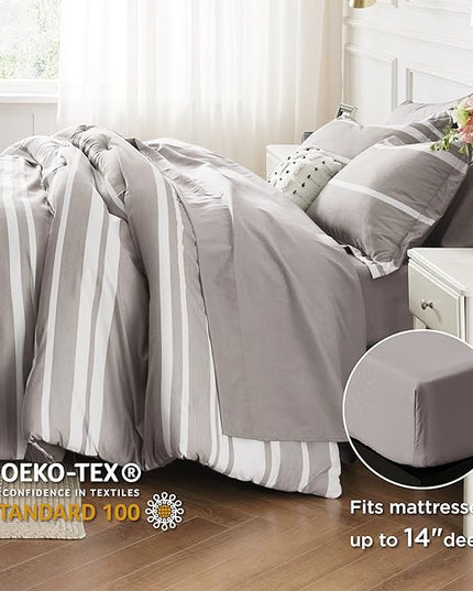 Bedsure Bed in a Bag King 7 Pieces, Warm Taupe White Striped Bedding Comforter Sets All Season Bed Set, 2 Pillow Shams, Flat Sheet, Fitted Sheet and 2 Pillowcases - LeafyLoom
