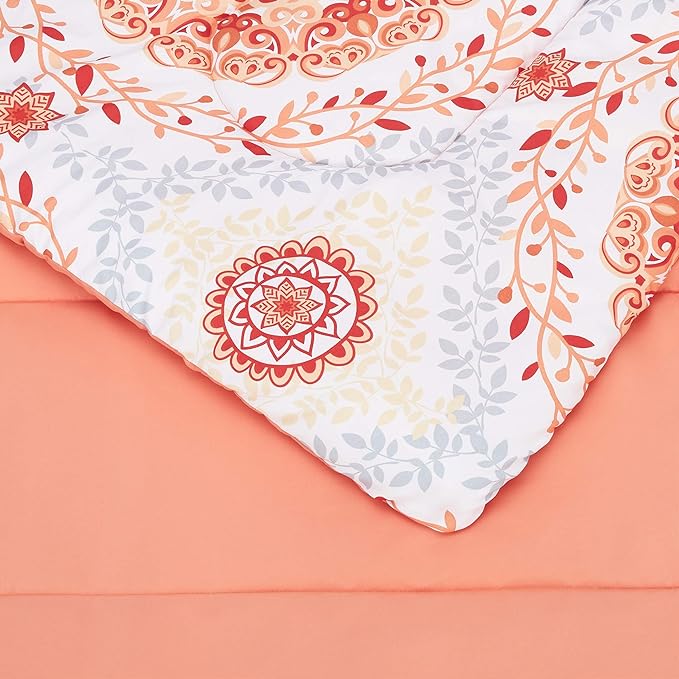 Amazon Basics Lightweight Microfiber Bed-in-a-Bag Comforter 5-Piece Bedding Set, Twin/Twin XL, Coral Medallion, Printed - LeafyLoom
